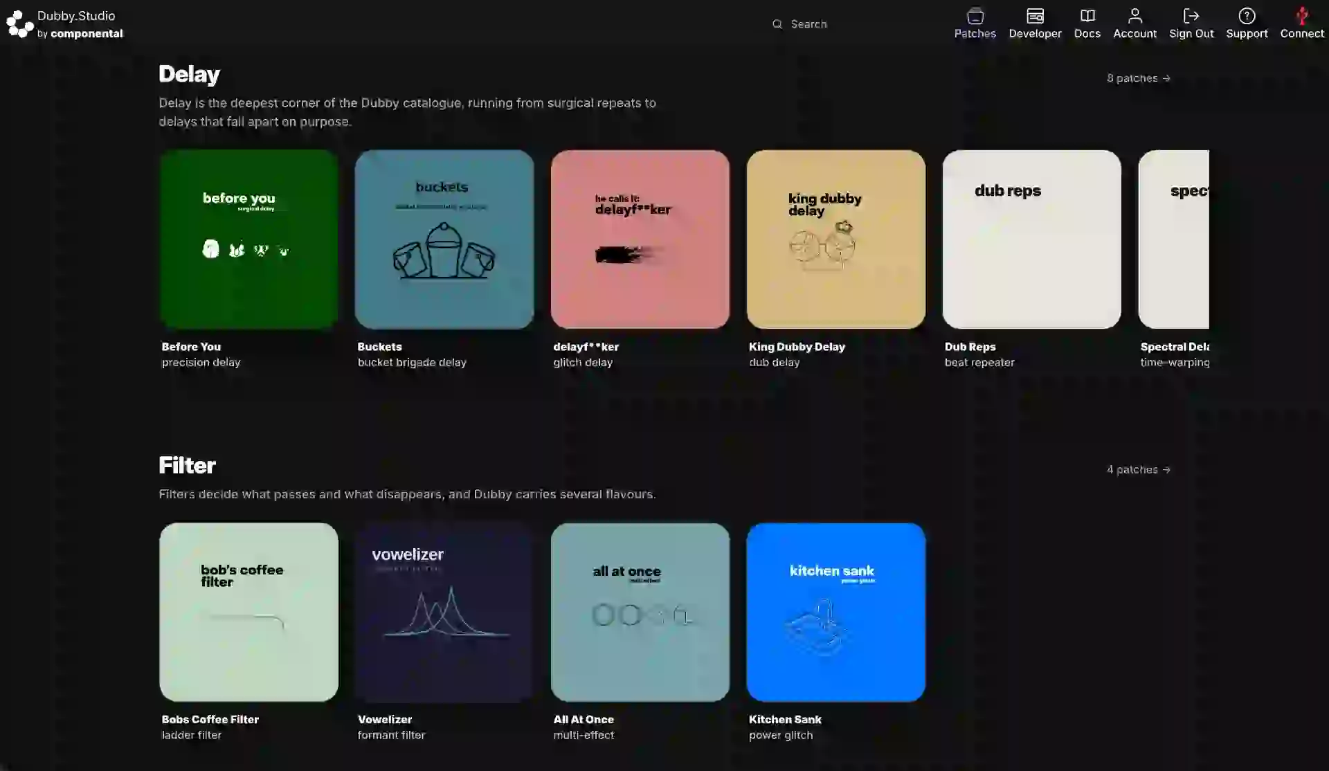 Dubby.Studio patch library shown as a grid of patch covers